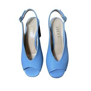 Theo Light Blue Leather Peep Toe Round Heel Pump Sz 38